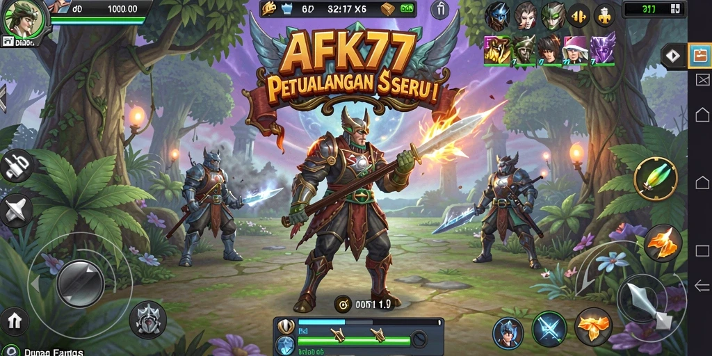 Tangkapan layar AFK77 menampilkan pertempuran seru dan pemandangan menakjubkan.