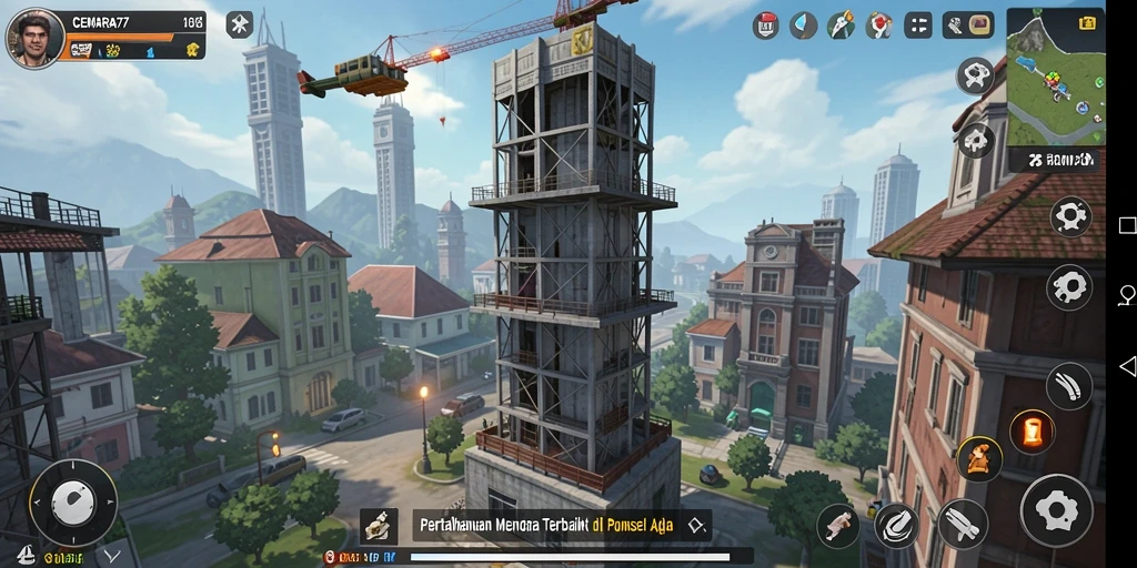 Screenshot gameplay CEMARA77 menampilkan menara pertahanan yang megah.