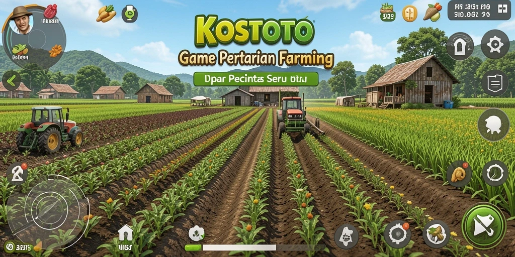 Screenshot KOSTOTO menampilkan gameplay pertanian yang menarik dan warna-warni.