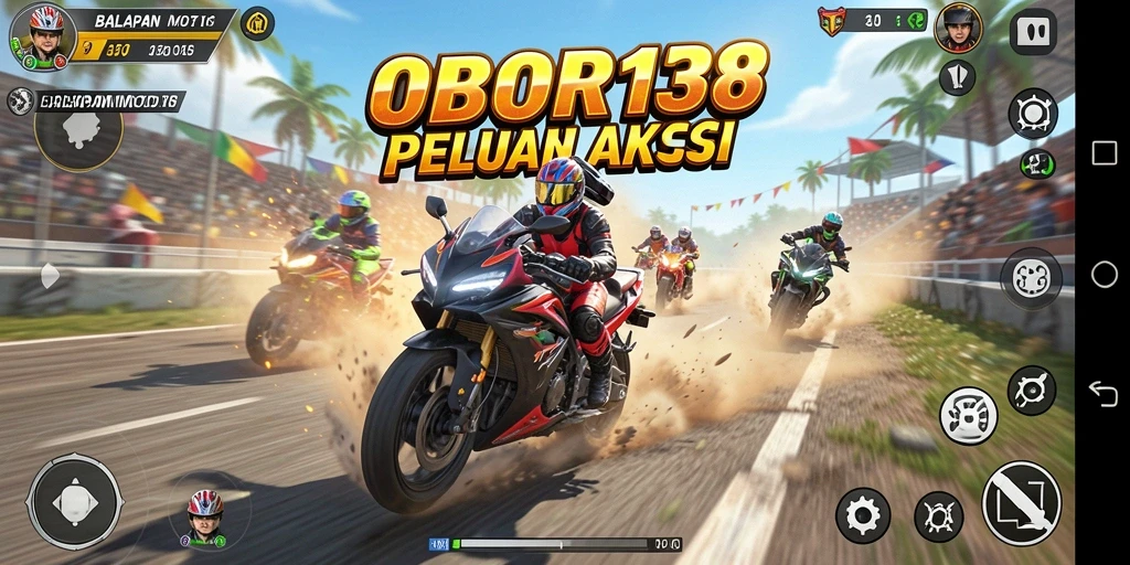 Screenshot utama OBOR138 menampilkan aksi balapan motor yang mendebarkan.