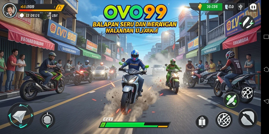 Screenshot OVO99 menampilkan aksi balapan mendebarkan di lintasan.