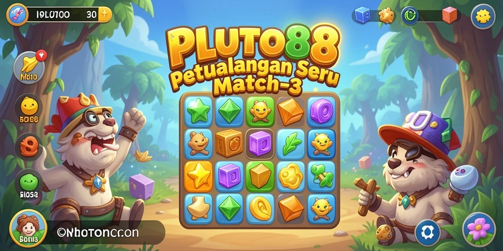 Screenshot utama PLUTO88 menunjukkan aksi gameplay seru dalam tantangan Match-3.
