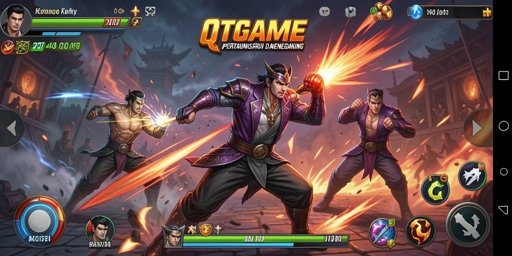 Screenshot gameplay QTGAME menampilkan pertarungan seru dan karakter dinamis.