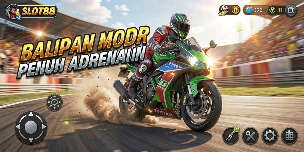 Gameplay SLOT88 yang mendebarkan dengan balapan motor seru.