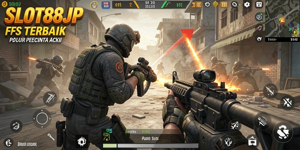 Tampilan menegangkan dalam game FPS SLOT88JP saat pertempuran berlangsung.