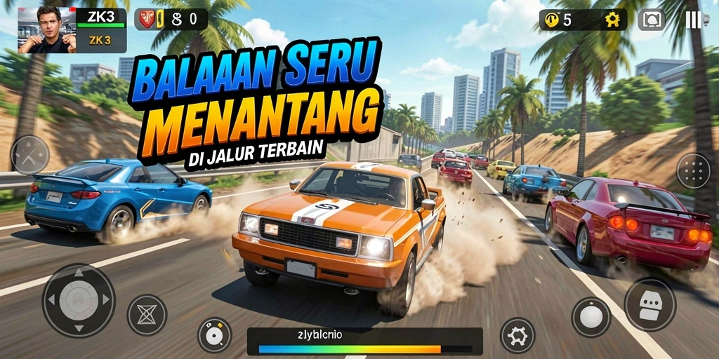 Screenshot ZK3 menunjukkan aksi balapan yang intens dan seru.